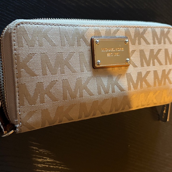 Michael Kors Handbags - Michael Kors Beige and Brown Logo Wristlet